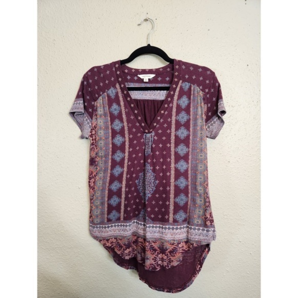 Lucky Brand Womens‎ Burgundy Print V Neck Short Sleeve Blouse Top Size S